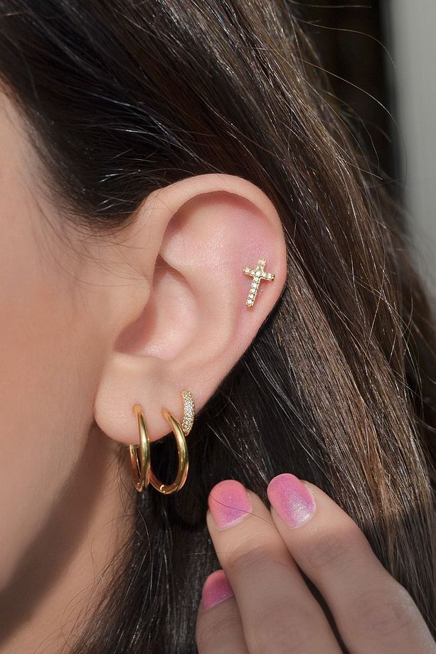 Zirkon Taşlı Haç Piercing Tragus Helix Altın Rengi - 3