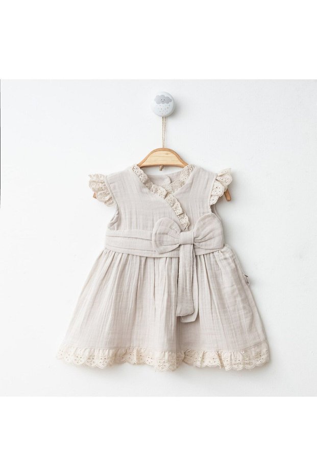 Baby Girl-Child Cotton Muslin Summer Dress Double Breasted Collar Guipure Detailed Bow Short Sleeve Dress
