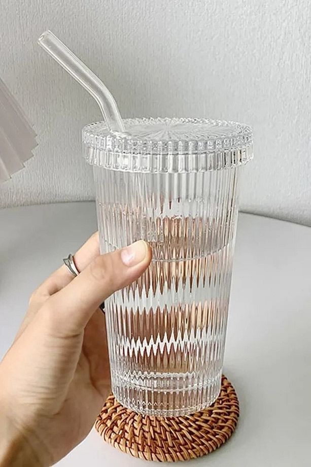 2 Adet Kapaklı Pipetli 400ml Stil Cam Bardak - 5