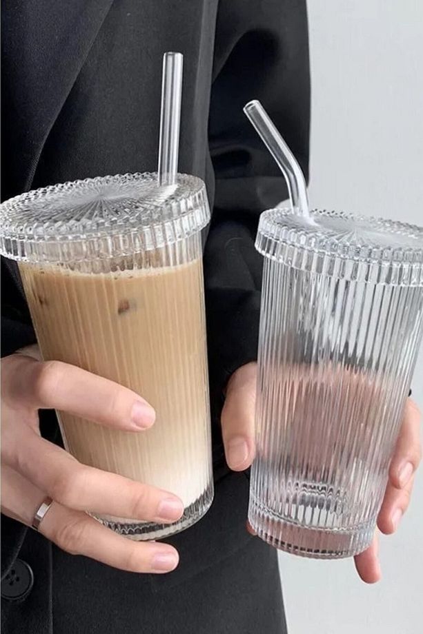 2 Adet Kapaklı Pipetli 400ml Stil Cam Bardak - 6