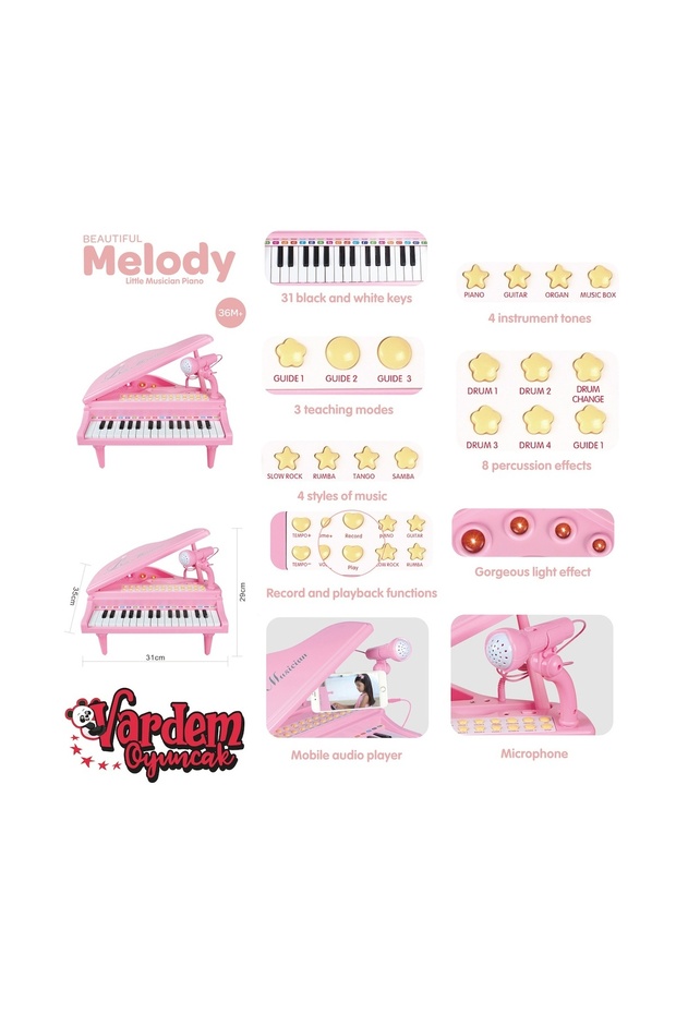 Mini Piyano (31 Tuşlu , MP3 Ve Mikrofonlu ) - Pembe - 4