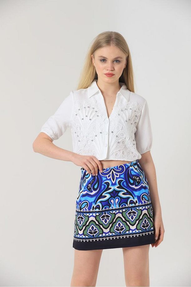 Toptan Gömlek/s:2 / M:2 / L:1 / Xl:1= 6 Adet Krem Yaprak Desenli Taşlı Gömlek - 1