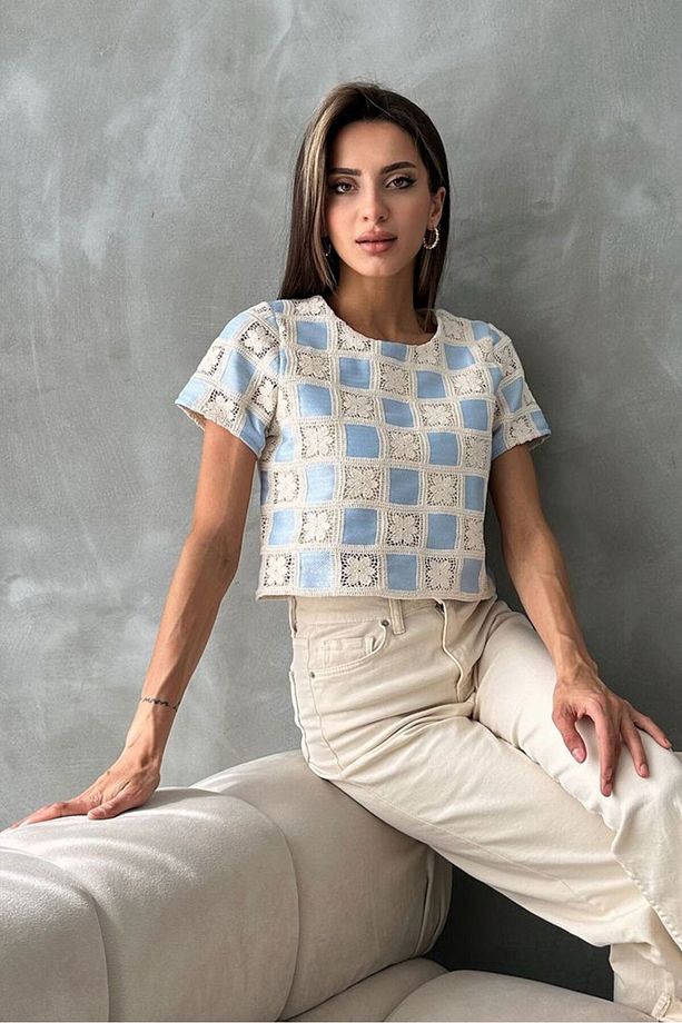 Toptan Bluz/s:2 / M:2 / L:1 / Xl:1= 6 Adet Ham Mavi Kısa Kollu Dama Desen Tığ Işi Bluz - 1