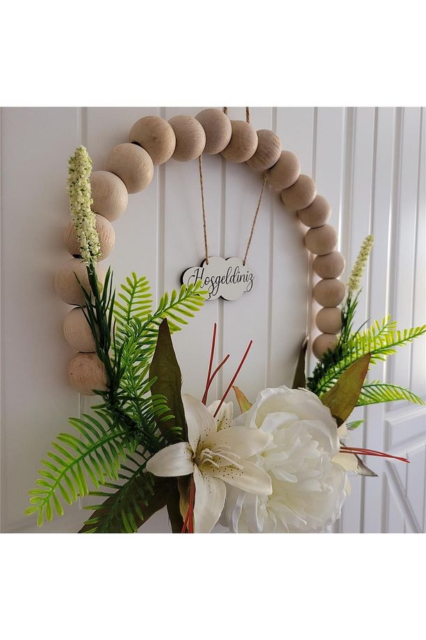 Dev Ahşap Boncuklu Lilyum Kapı Duvar Süsü Kapı Önü Aksesuarı (28 Cm) - 4