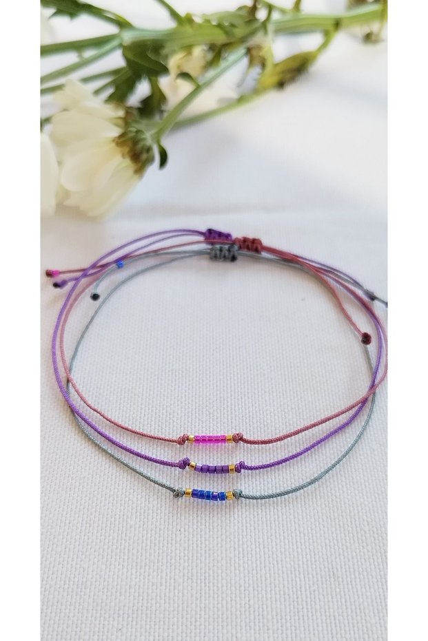3-Piece Minimal Bracelet Pink, Purple, Blue String Miyuki Beads