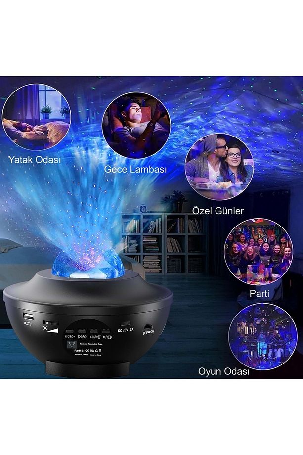 Led Yıldız Bluetooth Hoparlör Usb Projektör Okyanus Dalgası 21 Modlu Gece Lambası - 6