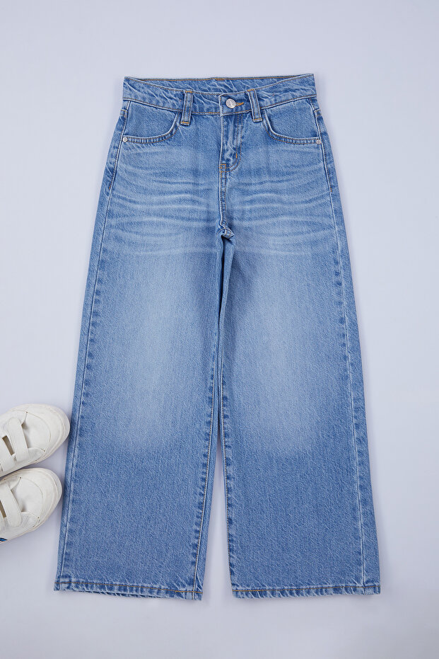 Mavi Düz %100 Pamuk Kız Çocuk Ayarlanabilir Lastikli Denim Pantolon TKDAW25PL00003 - 2