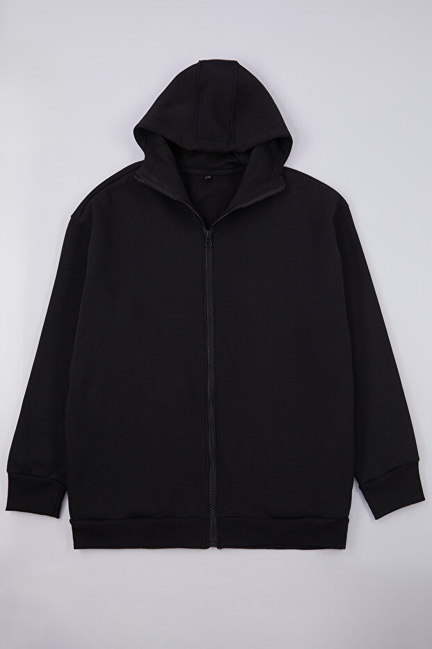 Büyük Beden Siyah Oversize/Geniş Kesim Fermuarlı Kapüşonlu Pamuklu Sweatshirt TMNAW25AO00029 - 1