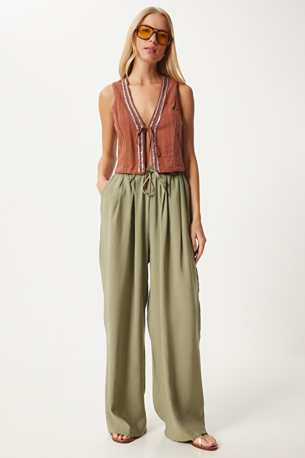 Women's Khaki Comfortable Fit Baggy Trousers Mw00150