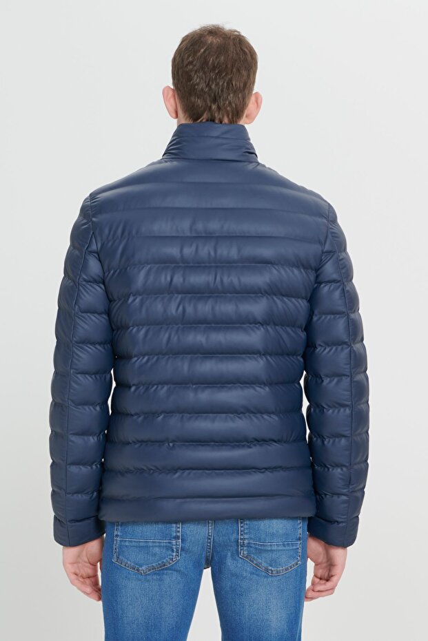 Erkek Lacivert Sıcak Tutan Termometreli Standart Fit Normal Kesim Cepli Dik Yaka Mont - 8