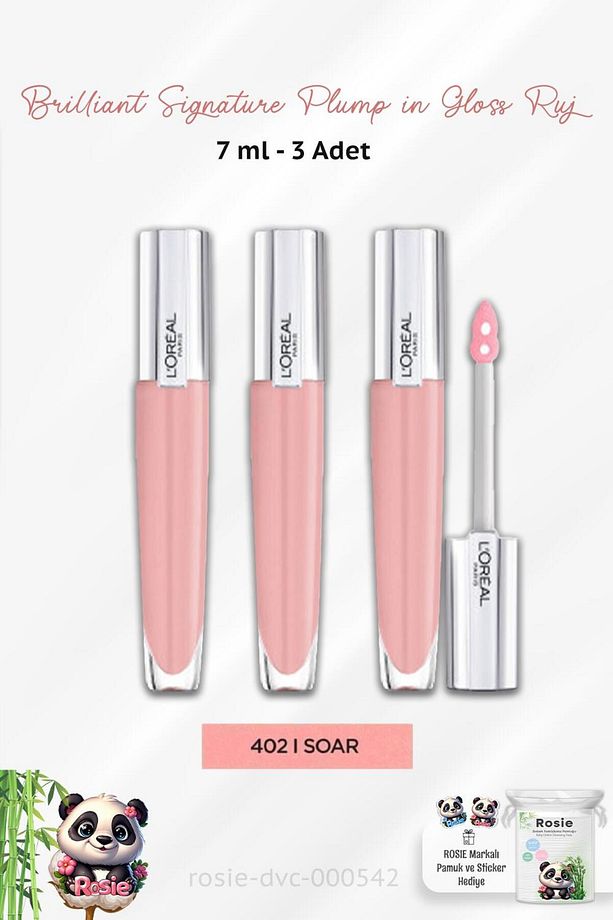 3 Adet Loreal Paris Brilliant Signature Plump in Gloss Ruj 402 Soar ve ROSIE - 1