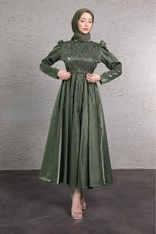Khaki Hijab Evening Dress - Mixed Wavy and Tiny Bead Embroidered