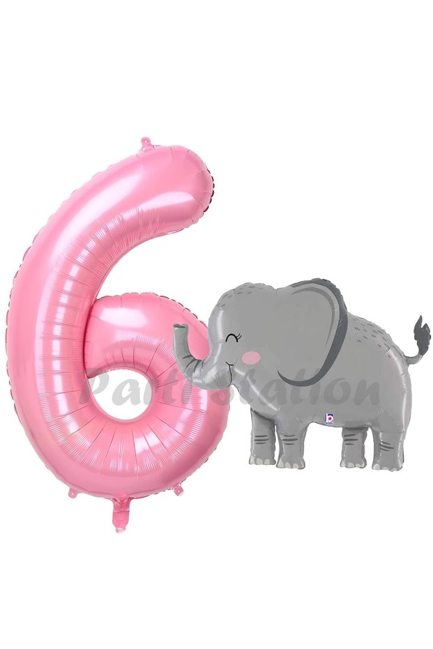 Cute Elephant Balloon 6Th Birthday Balloon Set Safari Concept Elephant Balloon and Pink Color Number Balloon