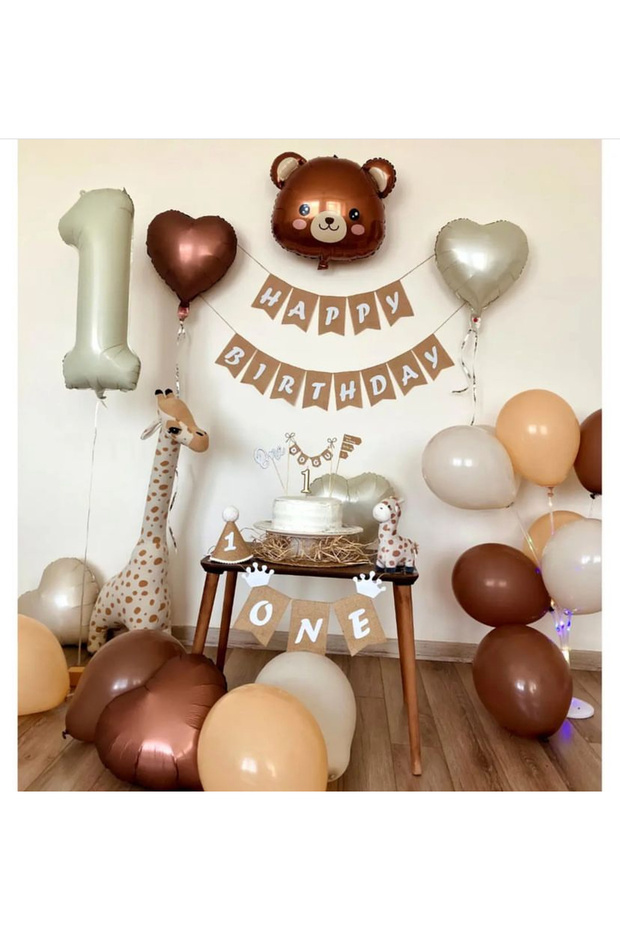 Foil Bear Head Kraft Happy Birthday Banner Beige Cream 1 Year Old Foil Balloon Set