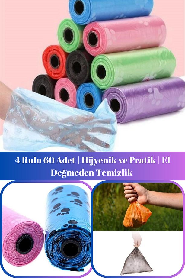 4 Rulo 60 Adet Pati Desen Kedi Köpek Kaka Poşeti | 4'lü Kaka Poşeti - 1