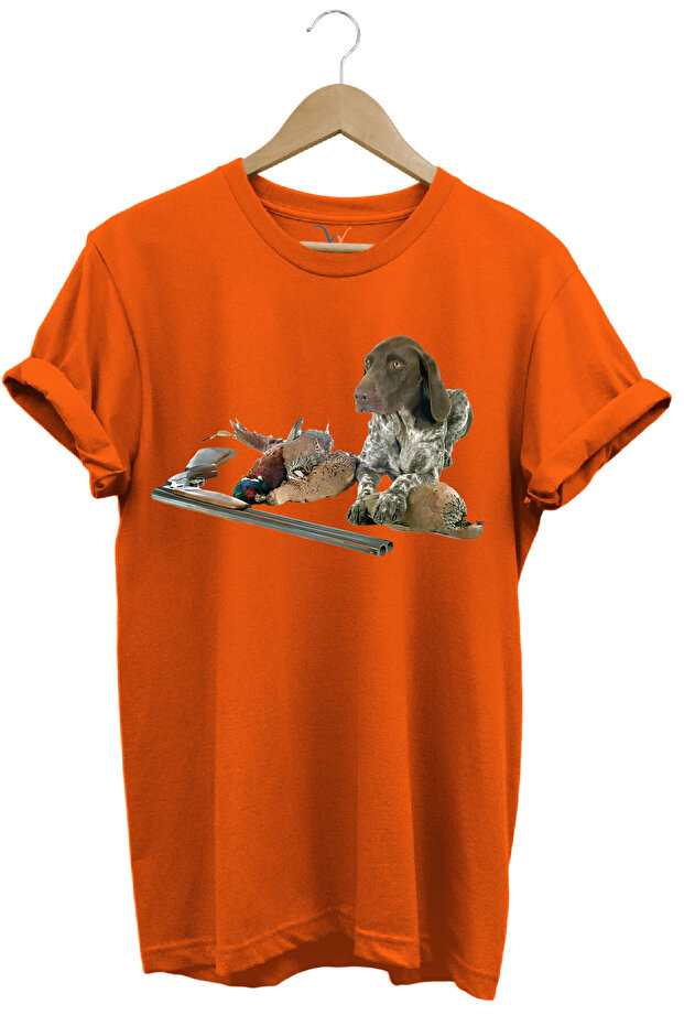 Hunting Hunter Kurzhaar Hunting Dog and Cocker Spaniel Hunting Printed Regular Fit 100% Cotton Orange T-Shirt