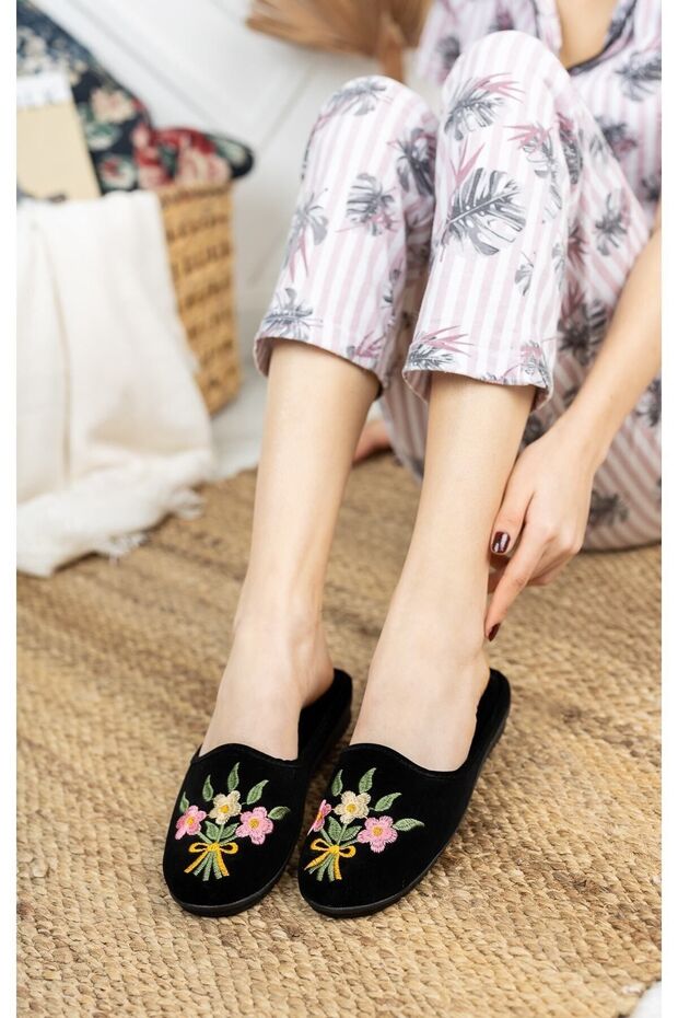 Fekete Buket Női Beltéri Papucs Téli Beltéri Puha Kényelmes Papucsok Hímzett Születéshozomány Vendégpapucsok - 2