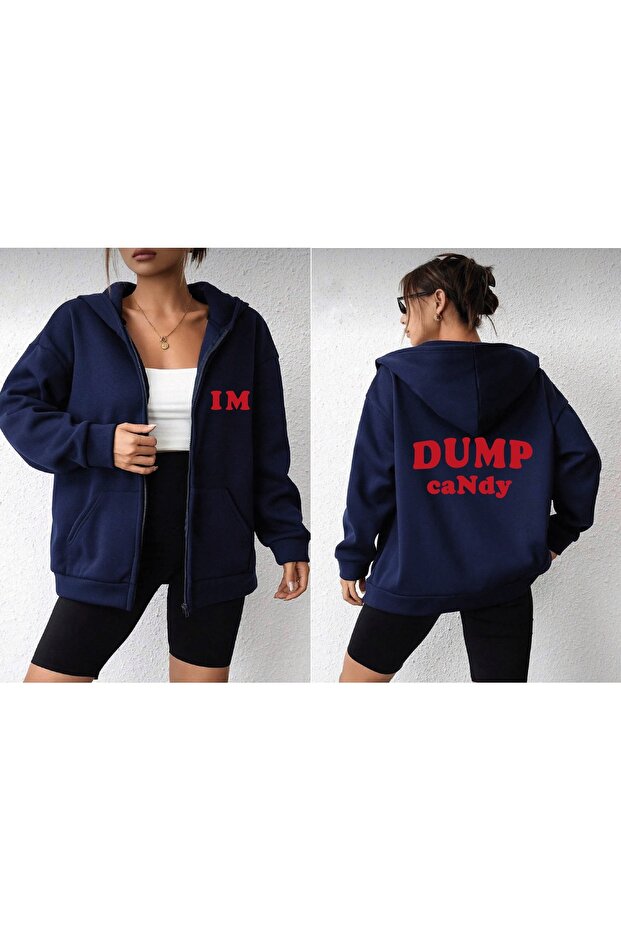Women's Hooded Navy Blue I'M Dump Candy Printed Zippered Cardigan