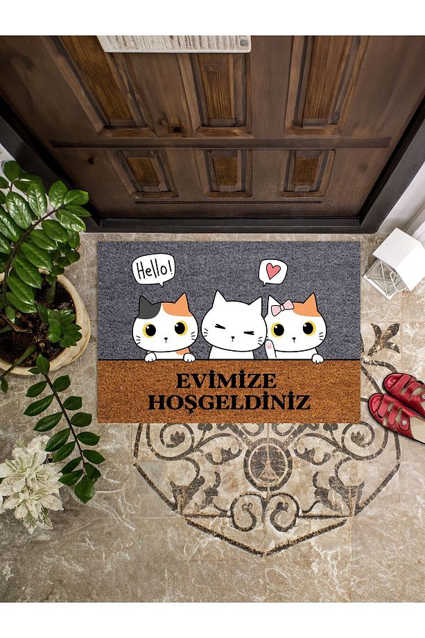 Kedi Figürlü Hello Kapı Önü Paspası 45x65 - 1