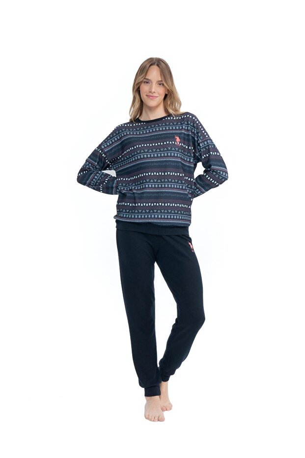 Us Polo Assn. Women's Navy Blue Round Collar Pajama Set