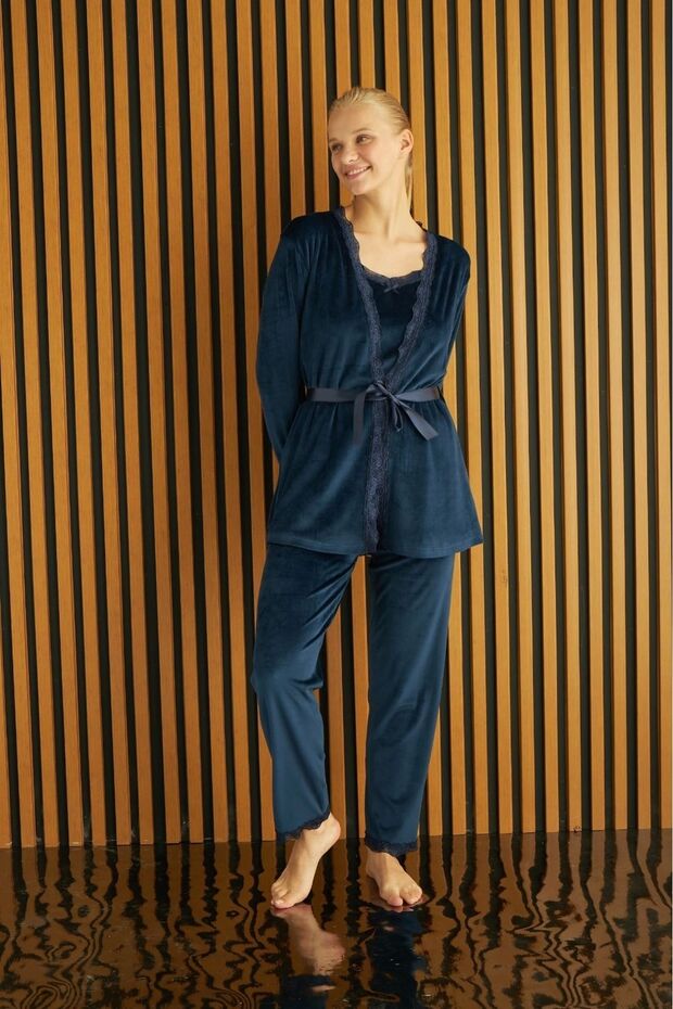 PYJAMONY VELVET 3-PIECE SLINGED WOMEN'S PYJAMATAKIM 5545 - NAVY BLUE