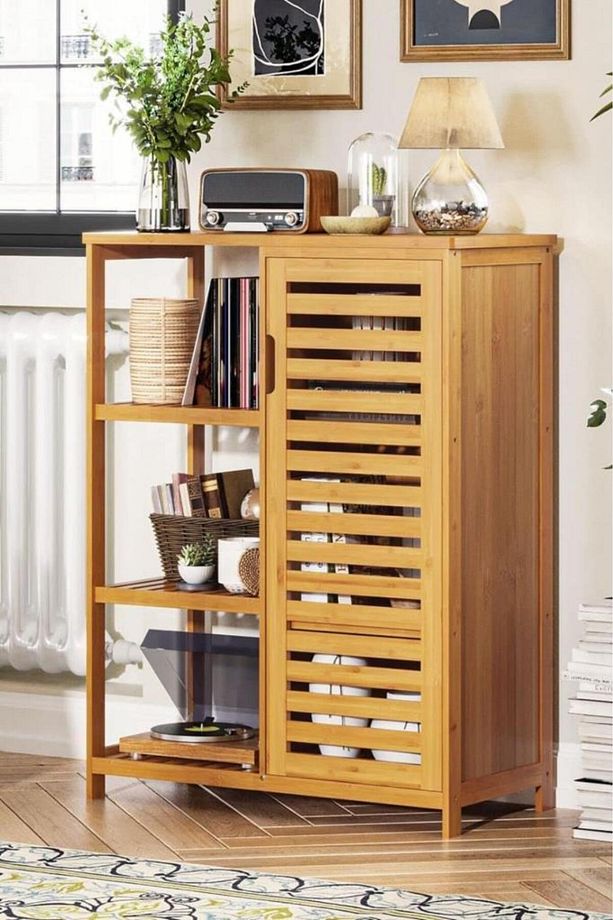 Bambu Masif 3 Raflı Tek Kapaklı Çok Amaçlı Düzenleyici organizer dolap Kahverengi Db-0005 - 1