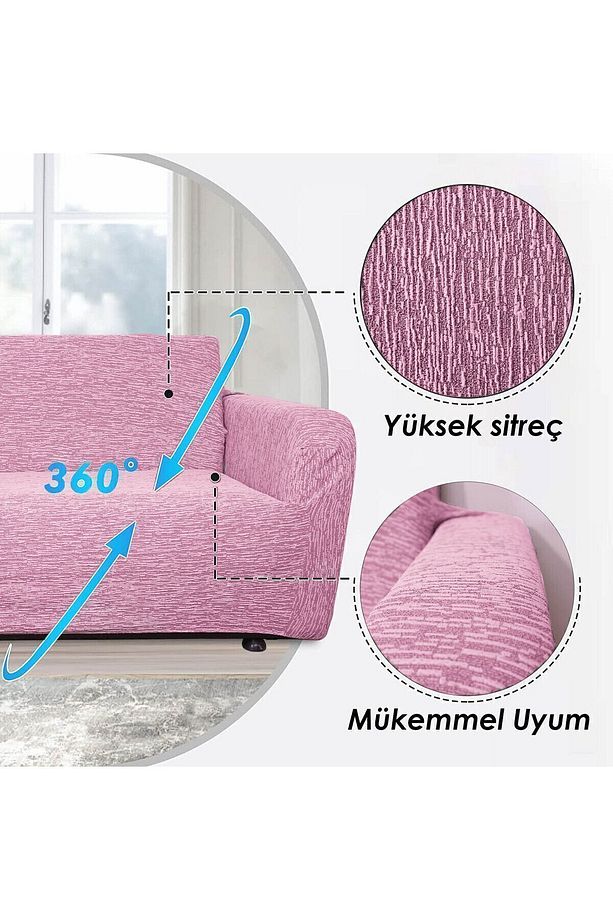 Jakarlı 3 Kişilik Pembe Lastikli Kanepe Örtüsü | Lastikli Koltuk Örtüsü | koltuk kılıfı - 5