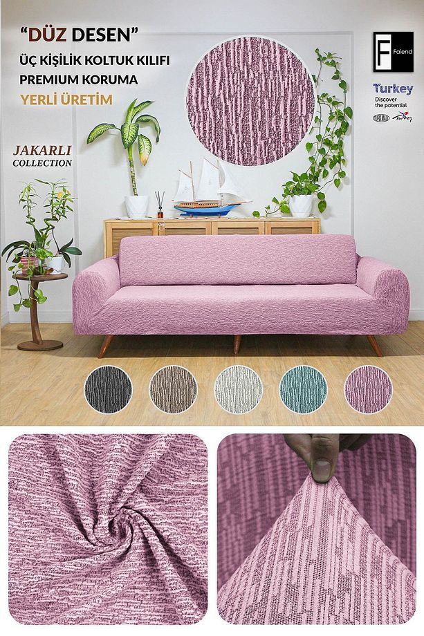 Jakarlı 3 Kişilik Pembe Lastikli Kanepe Örtüsü | Lastikli Koltuk Örtüsü | koltuk kılıfı - 1