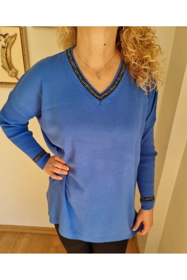 Women's Blue V-Neck Glitter Detailed Long Sleeve Knitwear Sweater