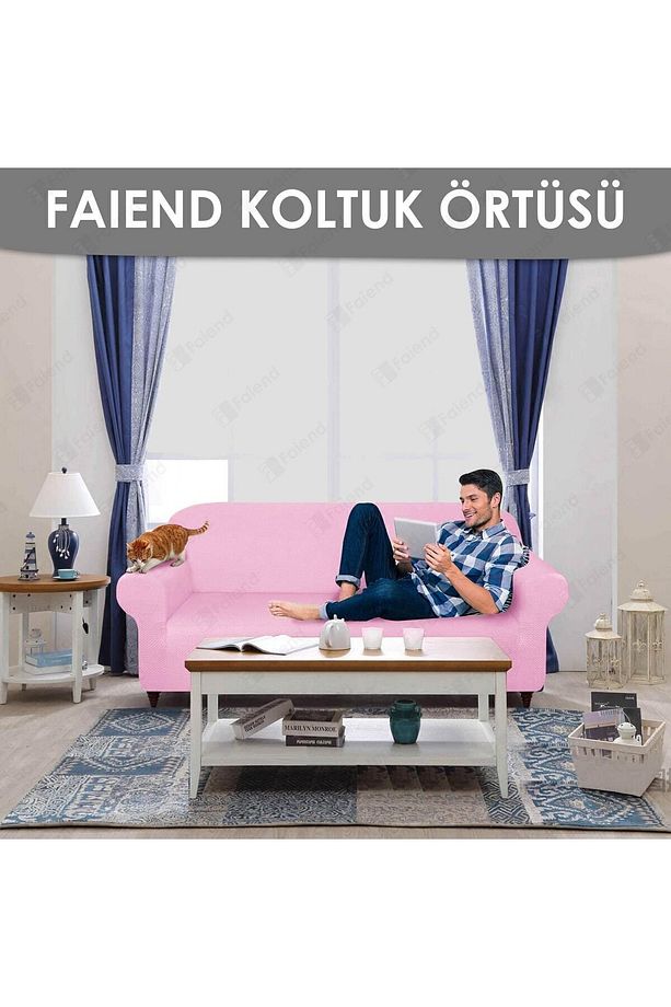 Balpeteği 3+3+1+1 pembe lastikli kanepe örtüsü | lastikli koltuk örtüsü | koltuk kılıfı takımı - 3