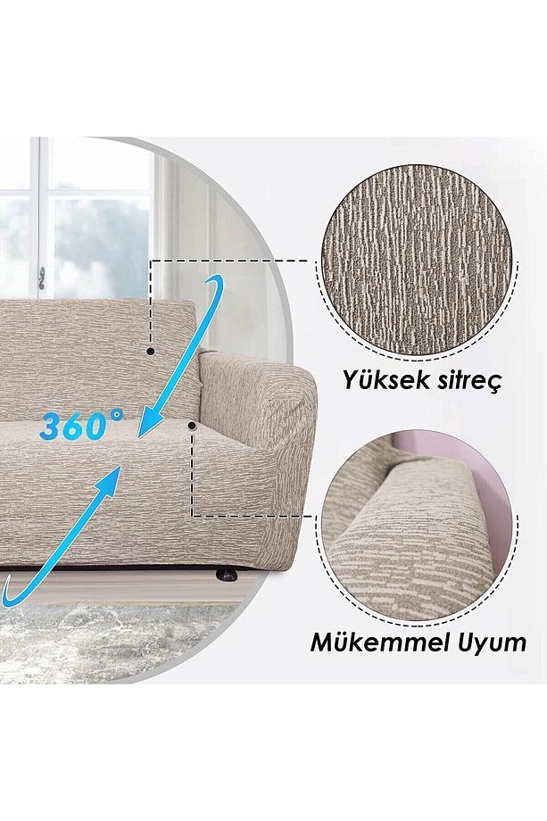 Jakarlı 3 Kişilik Vizon Lastikli Kanepe Örtüsü | Lastikli Koltuk Örtüsü | koltuk kılıfı - 6