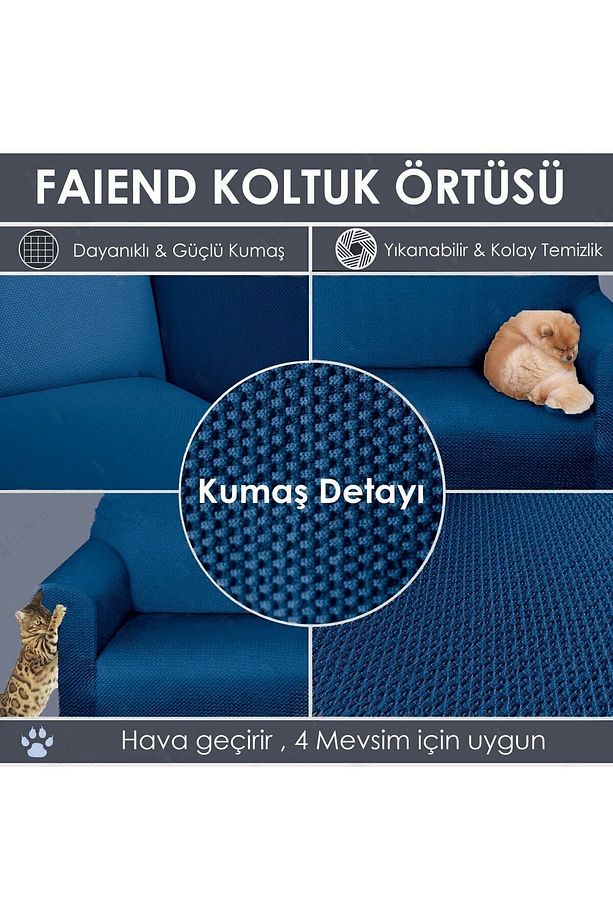 Balpeteği 3 Kişilik Petrol-mavi Lastikli Kanepe Örtüsü | Lastikli Koltuk Örtüsü | koltuk kılıfı - 4