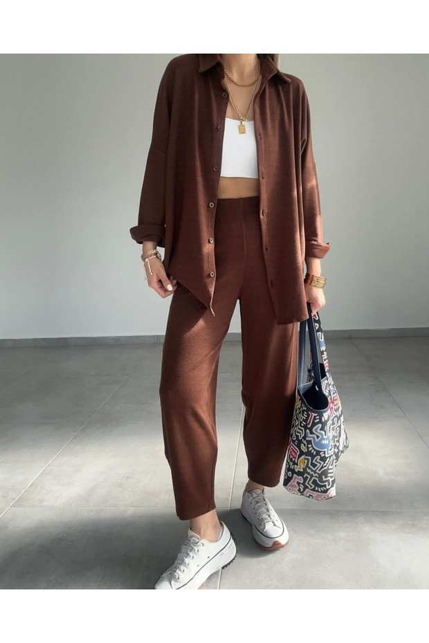Women's Bitter Brown Cotton Soft Textured Top and Bottom Set