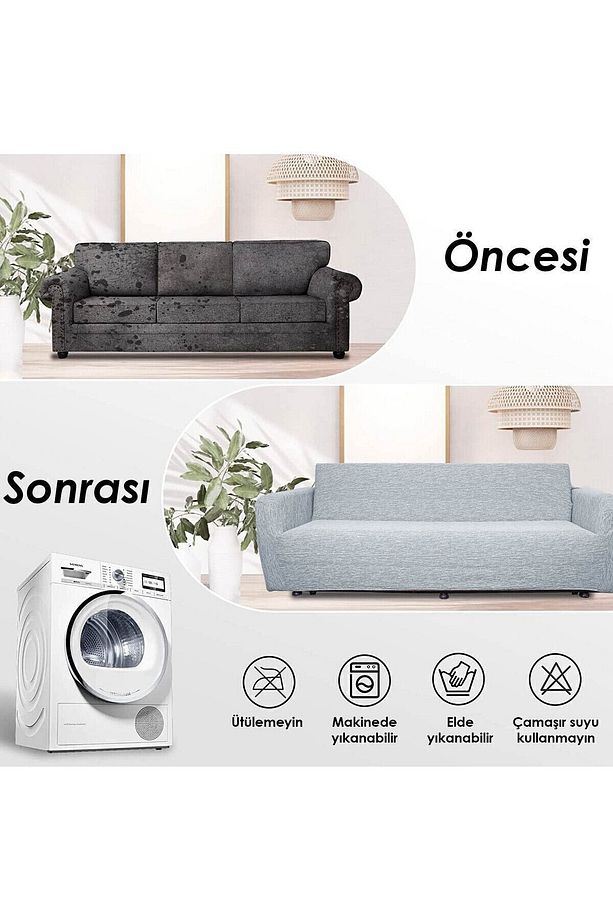 Jakarlı Düz Desen 3 3 1 1 Gri Lastikli Kanepe Örtüsü | Lastikli Koltuk Örtüsü | koltuk kılıfı Takımı - 5