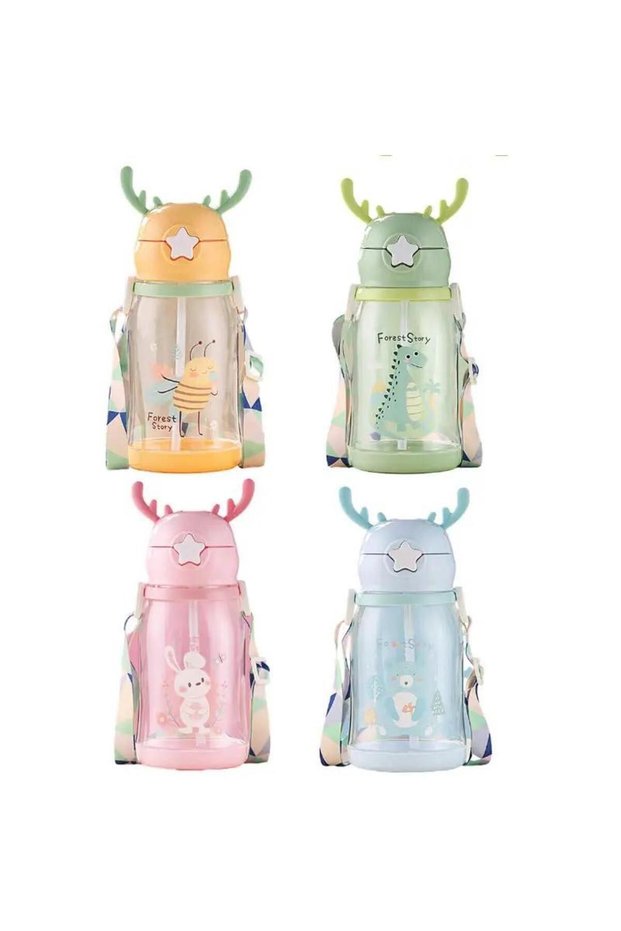 Geyikli Children's Water Bottle Water Bottle Bpa Free School Water Bottle With Carrying Straw Strap Drip-Free 500 Ml