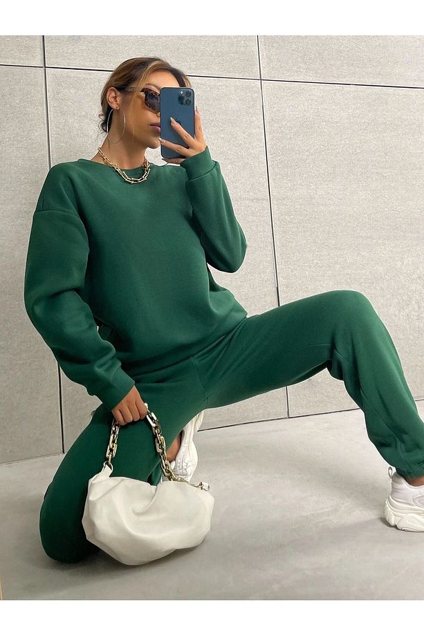 Basic Kalın Kışlık Sweatshirt Eşofman Altı Jogger - Nefti Yeşil Alt Üst Eşofman Takımı Bisiklet Yaka - 3