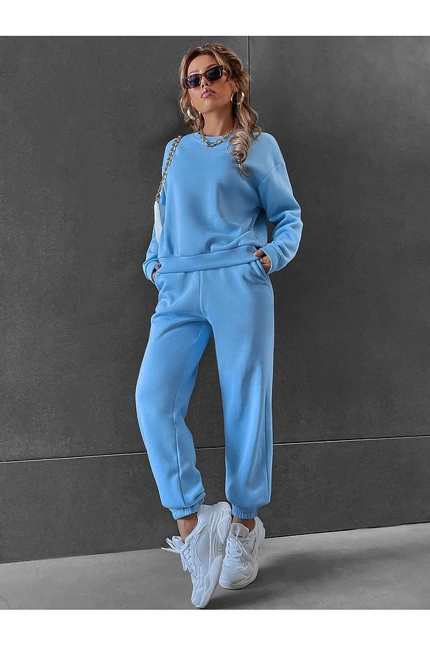 Basic Kalın Kışlık Sweatshirt Eşofman Altı Jogger Bebe Mavisi Alt Üst Eşofman Takımı Bisiklet Yaka - 3