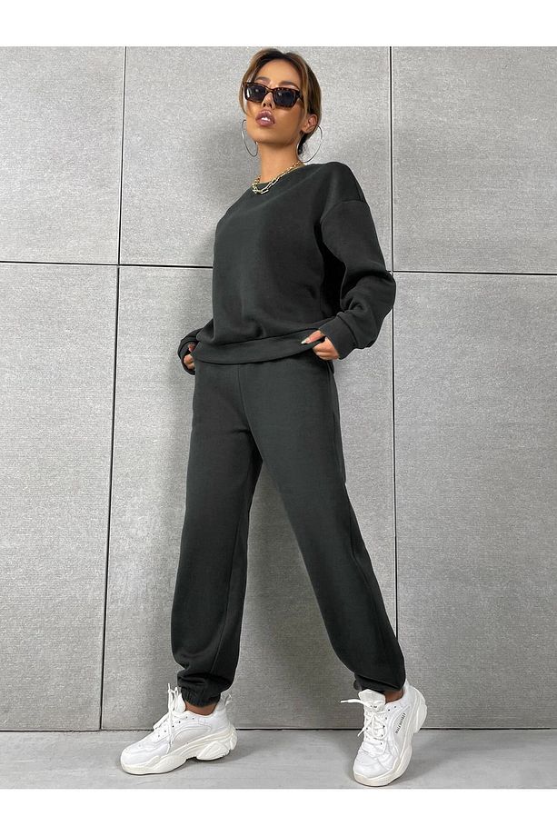 Basic Kalın Kışlık Sweatshirt Eşofman Altı Jogger - Siyah Alt Üst Eşofman Takımı Bisiklet Yaka - 4