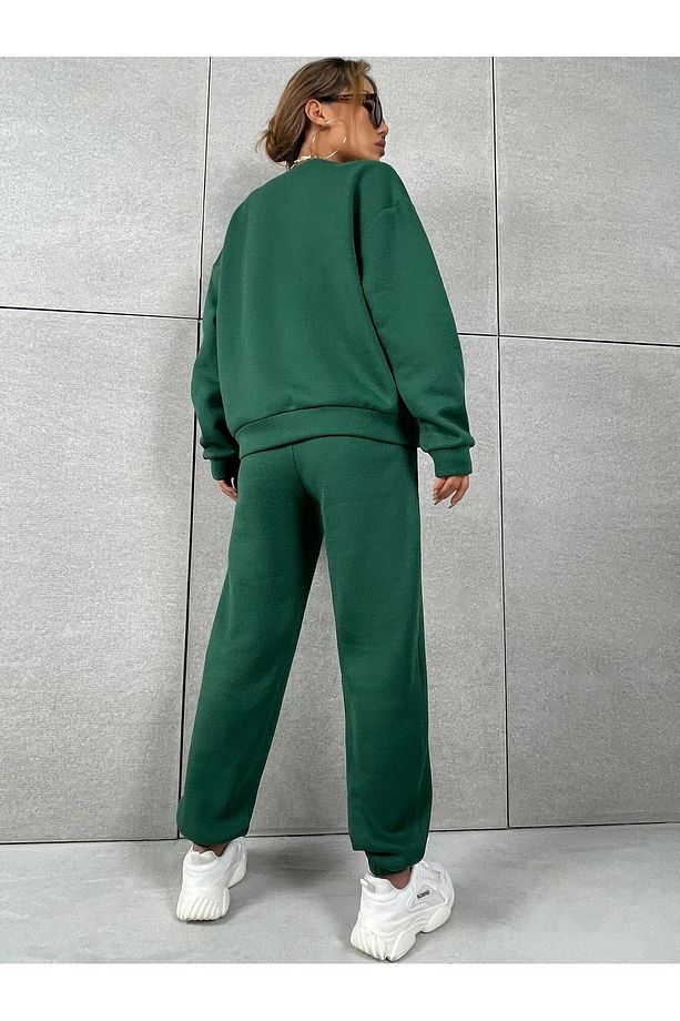 Basic Kalın Kışlık Sweatshirt Eşofman Altı Jogger - Nefti Yeşil Alt Üst Eşofman Takımı Bisiklet Yaka - 2