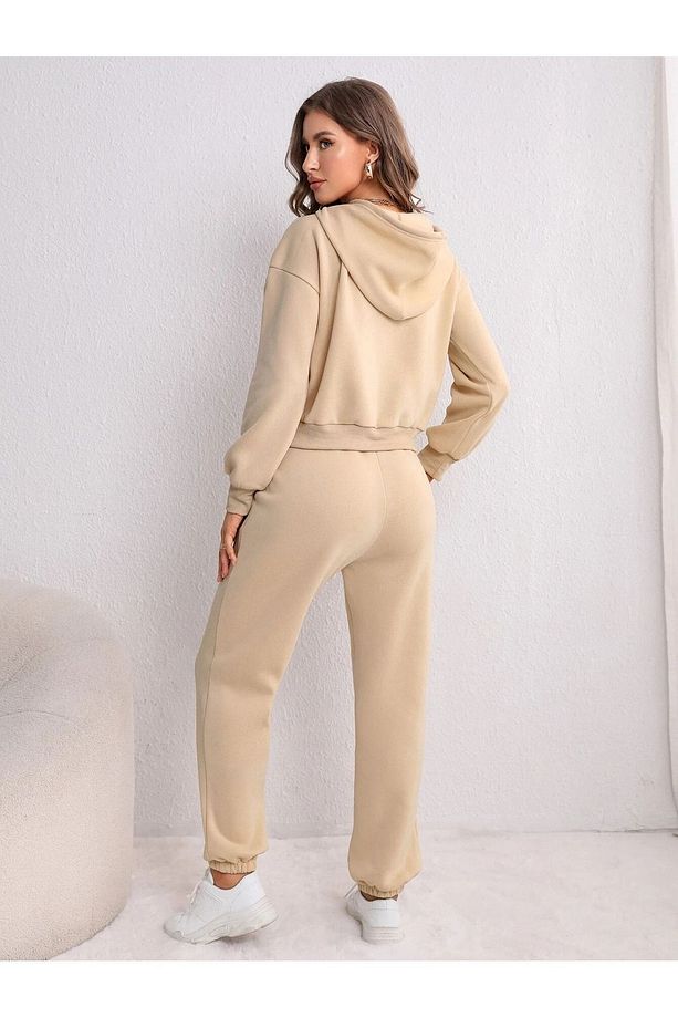 Kelebek Sweatshirt Eşofman Altı Jogger - Bej Baskılı Alt Üst Eşofman Takımı Kapüşonlu - 2