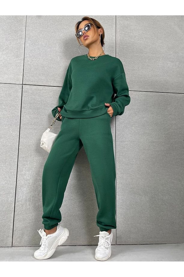 Basic Kalın Kışlık Sweatshirt Eşofman Altı Jogger - Nefti Yeşil Alt Üst Eşofman Takımı Bisiklet Yaka - 6