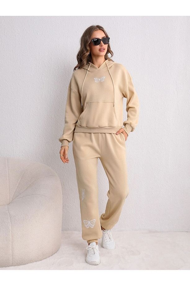 Kelebek Sweatshirt Eşofman Altı Jogger - Bej Baskılı Alt Üst Eşofman Takımı Kapüşonlu - 4