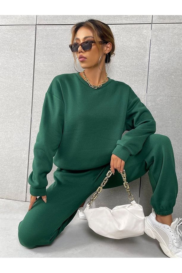 Basic Kalın Kışlık Sweatshirt Eşofman Altı Jogger - Nefti Yeşil Alt Üst Eşofman Takımı Bisiklet Yaka - 1