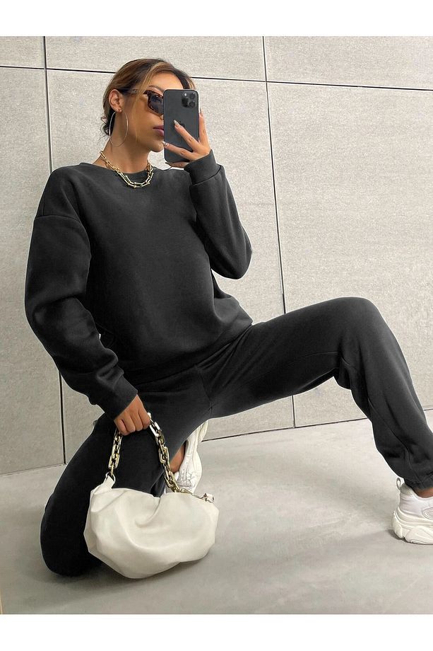 Basic Kalın Kışlık Sweatshirt Eşofman Altı Jogger - Siyah Alt Üst Eşofman Takımı Bisiklet Yaka - 3
