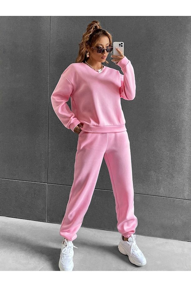 Basic Kalın Kışlık Sweatshirt Eşofman Altı Jogger - Pembe Alt Üst Eşofman Takımı Bisiklet Yaka - 6