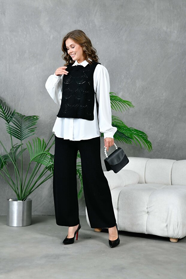 Women's Embossed Patterned Openwork Knitwear White Shirt and Trousers Set