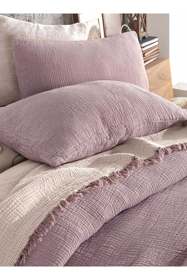 Lila Tek Kişilik 160 X 240cm Yatak Örtüsü/1 Adet 50x70cm Yastık 4 Katlı Multi Muslin %100 Pamuk - 5