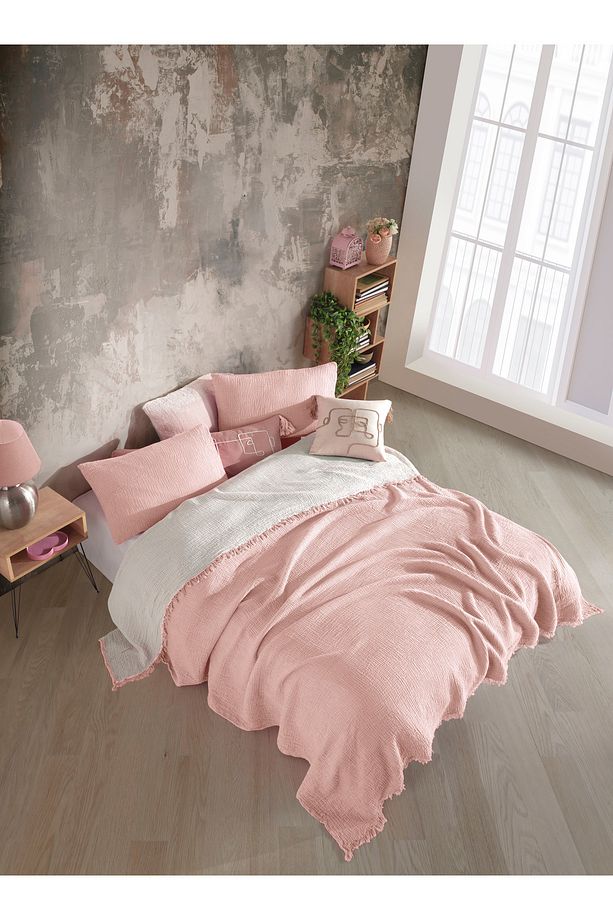 Pembe Tek Kişilik 160x240cm Yatak Örtüsü/1 Adet 50x70cm Yastık 4 Katlı Multi Muslin %100 Pamuk - 4