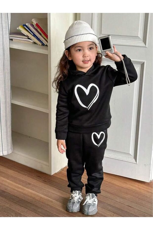 Girl's Hooded Black Heart Printed Sweatshirt Tracksuit Set