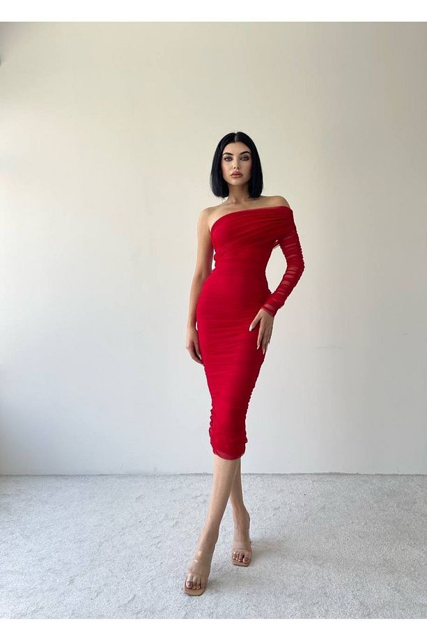 Kırmızı Tek Omuz Tül Drapeli Elbise - 4